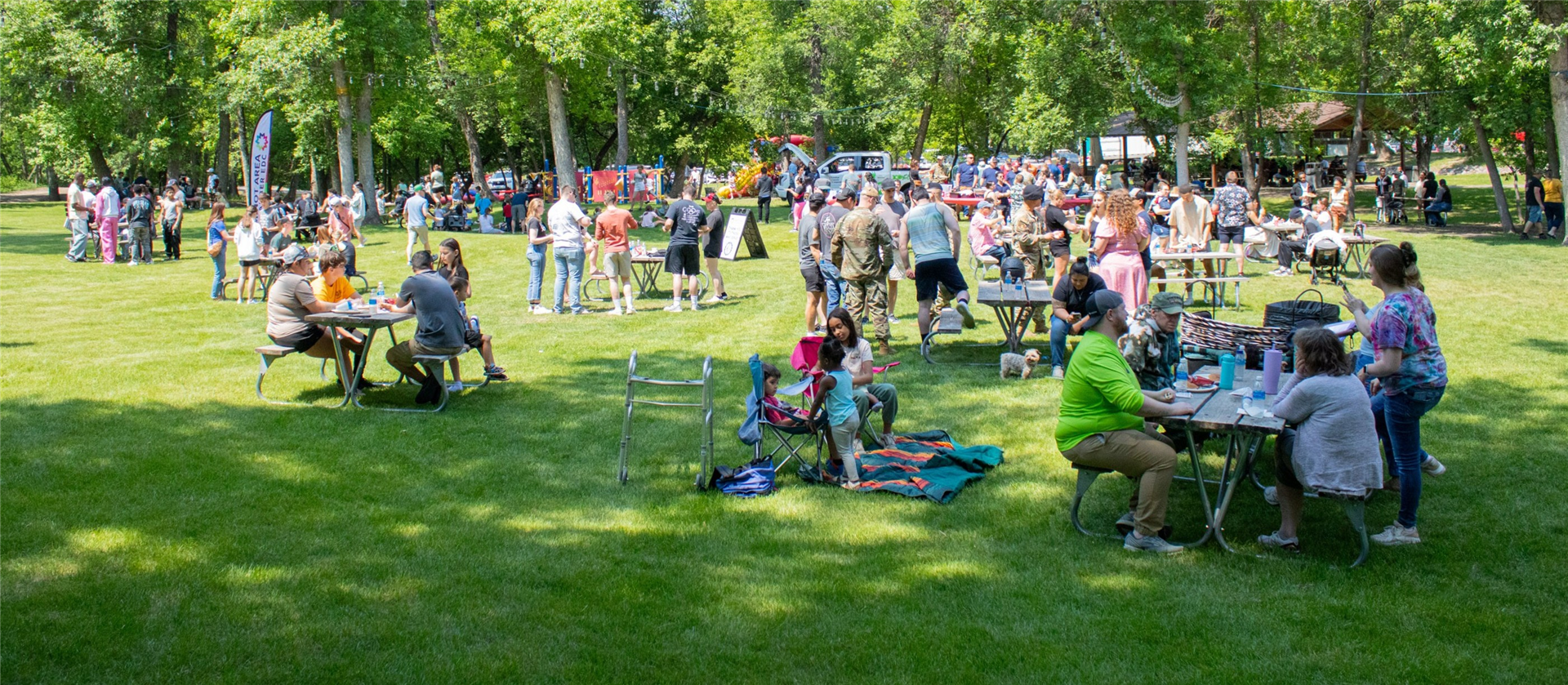 Families eating meals in Oak Park on a summer day